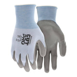 A pair of MCR Safety CutPro 18 Ga HyperMax PU Gloves 92718PU, light gray and blue with gray polyurethane-coated palms and fingers. One cut-resistant glove's back shows "CUT PRO" and safety info in black text.