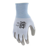The MCR Safety CutPro 18 Ga HyperMax PU Gloves 92718PU feature a light blue and gray HPPE shell, "HIGH SAFETY GUT PRO" and safety icons on the back, and a durable polyurethane coating; shown palm down. Comes in 12 pairs.