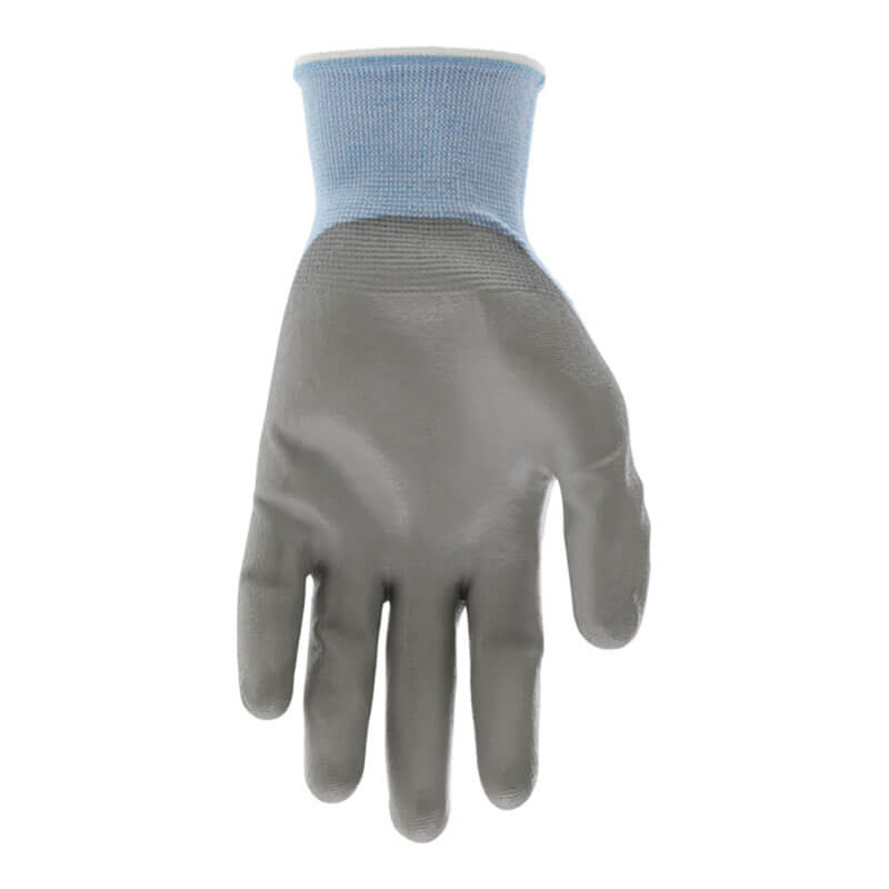 The image shows a single MCR Safety CutPro 18 Ga HyperMax PU Glove with a gray polyurethane coating, textured palm and fingers, and light blue cuff, displayed palm-up against a white background.