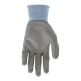The image shows a single MCR Safety CutPro 18 Ga HyperMax PU Glove with a gray polyurethane coating, textured palm and fingers, and light blue cuff, displayed palm-up against a white background.