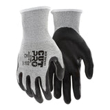 A dozen MCR Safety Cut Pro 13G HyperMax Bi-polymer Gloves (92743BP) in gray/black, featuring "CUT PRO" and safety icons on the back, offer certified cut protection for industrial and construction work.