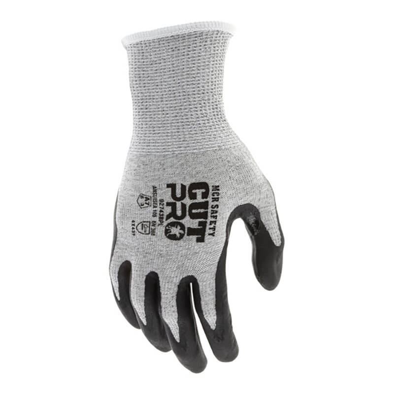 The MCR Safety Cut Pro 13G HyperMax 92743BP gloves feature a gray, cut-resistant design with black bi-polymer coating on palm/fingers, "CUT PRO" logo, and safety certifications printed on the back. Sold as 12 pairs.