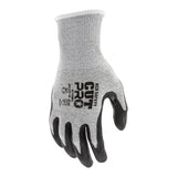 The MCR Safety Cut Pro 13G HyperMax 92743BP gloves feature a gray, cut-resistant design with black bi-polymer coating on palm/fingers, "CUT PRO" logo, and safety certifications printed on the back. Sold as 12 pairs.