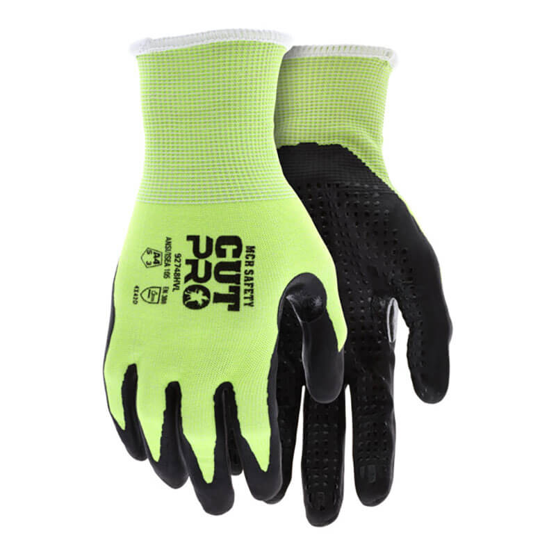 Pair of high-visibility gloves with black gloves on a white background