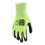 The MCR Safety Cut Pro 18 Ga HyperMax gloves (92748HV) are bright yellow hi-vis work gloves with black fingertips, nitrile micro-dotted palms, and safety plus sizing info on the back. Sold in packs of 12 pairs.