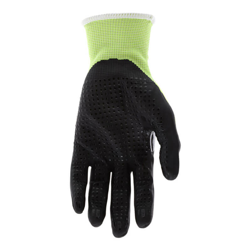 The MCR Safety Cut Pro 18 Ga HyperMax Hi Vis Nitrile Micro Dotted Glove (92748HV) features a black and yellow breathable mesh back, white elastic cuff, and textured nitrile-coated palm. Shown palm out with slightly curved fingers. Sold as 12 pairs.