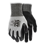 A pair of MCR Safety Cut Pro 13 Ga HyperMax Bi-Polymer Gloves (92754BP) in gray/black, with textured palm coating, reinforced thumb crotch, ribbed black-striped cuffs, safety markings, and a "CUT PRO" label.