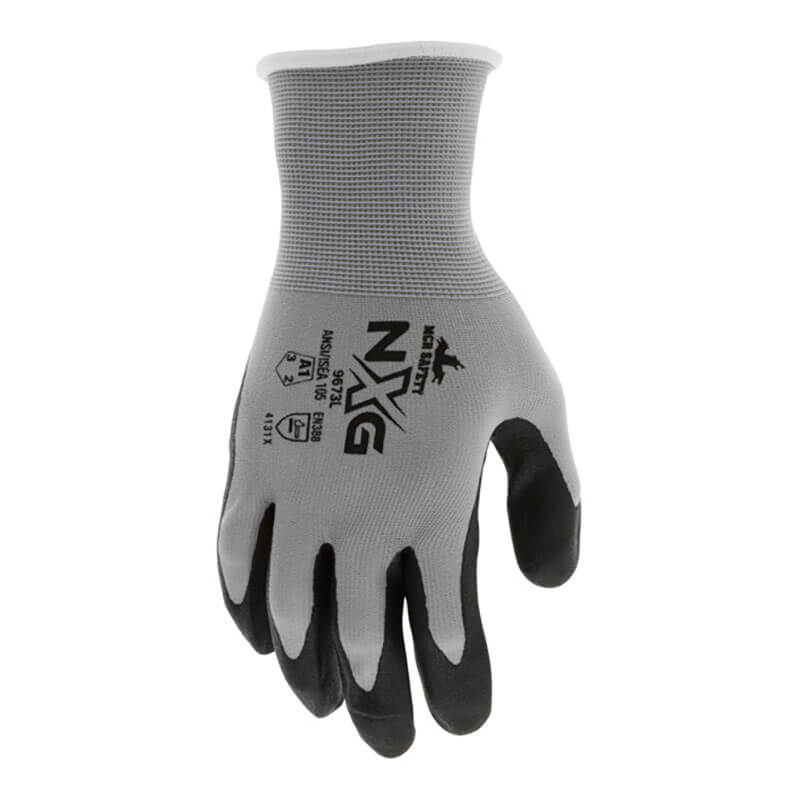 The MCR Safety NXG Nitrile Foam Coated Work Gloves 9673 feature a gray and black design, textured grip, extended cuff, and printed logos for durable, superior hand protection. Sold in packs of 12 pairs by MCR Safety.