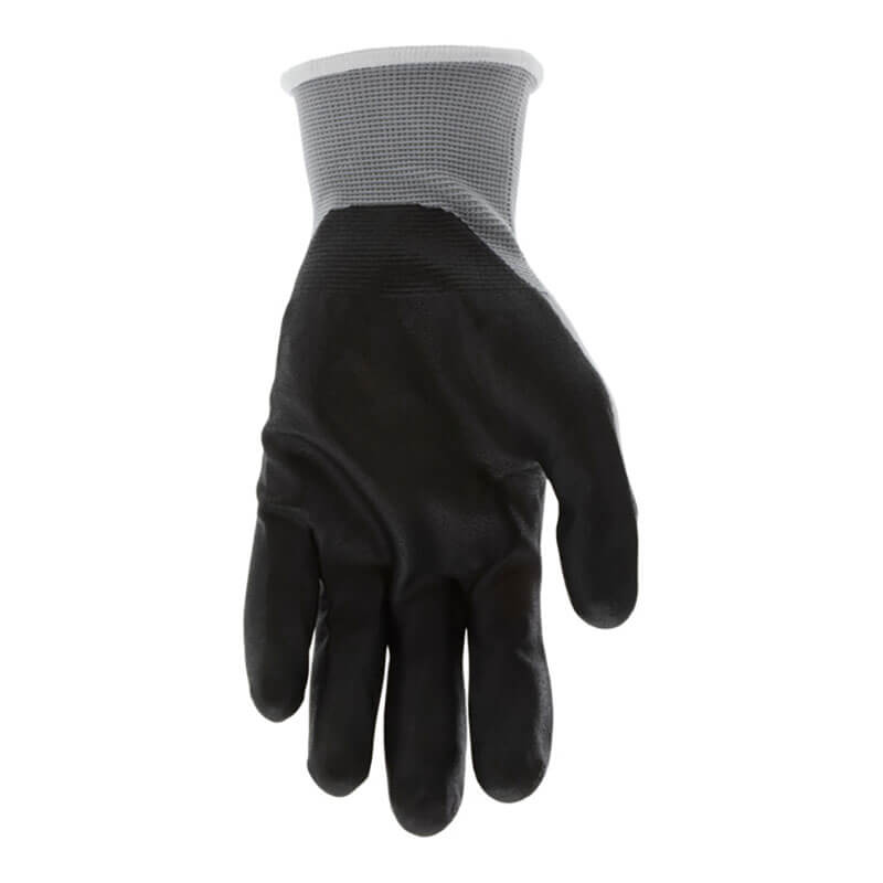 The MCR Safety NXG Nitrile Foam Coated Work Glove 9673 is displayed upright against a white background, featuring a black nitrile foam coating and gray wrist cuff, with slightly curved fingers and the palm facing forward. Brand: MCR Safety.