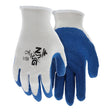 The MCR Safety Memphis Flex Tuff Glove 9680 features a white string-knit design with blue textured rubber coating on palms and fingers, ribbed wrists, and black printed text for reliable hand protection. Sold in packs of 12 pairs.