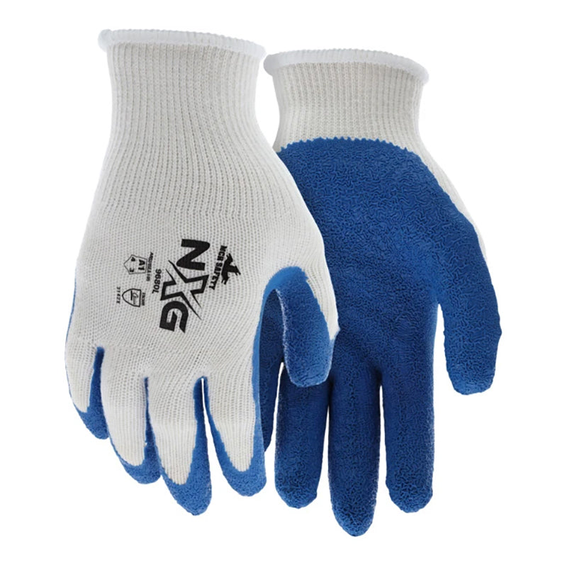 The MCR Safety Memphis Flex Tuff Glove 9680 features a white string-knit design with blue textured rubber coating on palms and fingers, ribbed wrists, and black printed text for reliable hand protection. Sold in packs of 12 pairs.