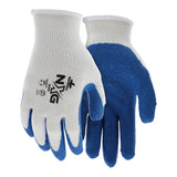 The MCR Safety Memphis Flex Tuff Glove 9680 features a white string-knit design with blue textured rubber coating on palms and fingers, ribbed wrists, and black printed text for reliable hand protection. Sold in packs of 12 pairs.