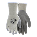 The MCR Safety Memphis Flex-Therm Glove 9690 (12 pairs) are light gray, textured cold weather work gloves with high wrist cuffs and rough, rubberized-coated palms and fingers for superior grip—ideal for tough winter jobs.