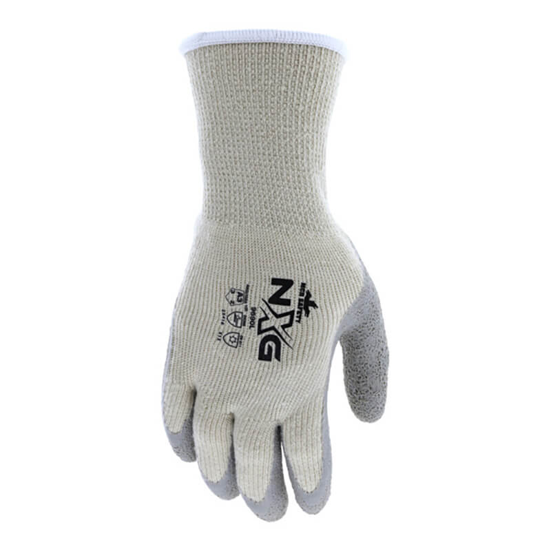 The MCR Safety Memphis Flex-Therm Glove 9690 (12 pairs) features gray and white design, textured palm and fingers for grip, NXG logo and safety symbols—ideal cold weather work gloves for winter workwear.