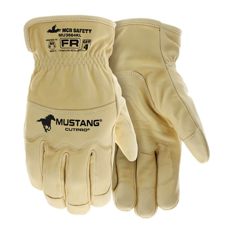 A pair of beige MCR Mustang HiDex Kevlar Lined Leather Driver MU3664K gloves from MCR Safety, featuring black branding and safety info printed on the back.