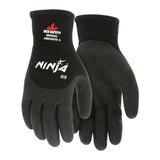 A pair of black MCR Safety Ninja Ice Insulated Work Gloves N9690Q, featuring advanced hand protection and a soft textured coating for durability. One glove is palm up, the other palm down. Sold as 12 pairs.