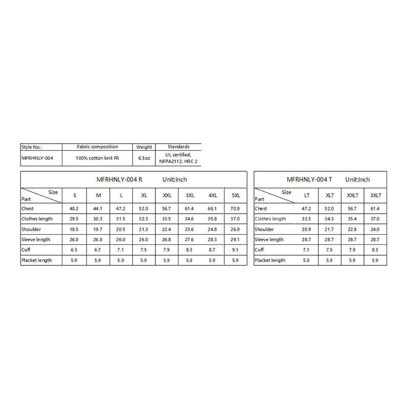 Two sizing charts for the ForgeFR Forge FR Henley MFRHNLY-004 (regular and tall, XS-5XL, in inches) plus a table list fabric composition and compliance standards for this arc-rated flame resistant clothing.
