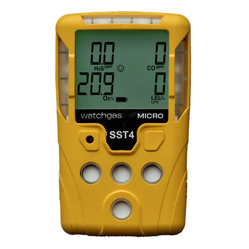 The WatchGas SST4-MICRO Diffusion 4-Gas Detector is a yellow handheld device with a digital display for H2S, CO, O2, and LEL. Featuring four round buttons, it ensures reliable gas safety monitoring by WatchGas.