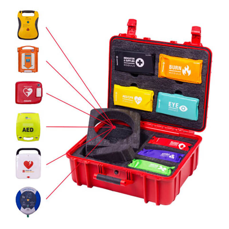 The Aero Healthcare Modulator Flex Trauma Kit w/o AED - XL Case is open to display labeled pouches for supplies, burn and eye care, and emergencies. Nearby images of AEDs aid rapid response and ANSI Class B compliance.