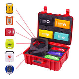 The Aero Healthcare Modulator Flex Trauma Kit w/o AED - XL Case is open to display labeled pouches for supplies, burn and eye care, and emergencies. Nearby images of AEDs aid rapid response and ANSI Class B compliance.