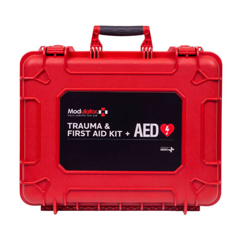 The Aero Healthcare Modulator Flex Trauma Kit w/o AED - XL Case is a red, hard-shell ANSI Class B kit with a handle and secure latches, labeled for trauma and first aid, designed by Aero Healthcare for rapid emergency response.