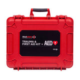 The Aero Healthcare Modulator Flex Trauma Kit w/o AED - XL Case is a red, hard-shell ANSI Class B kit with a handle and secure latches, labeled for trauma and first aid, designed by Aero Healthcare for rapid emergency response.