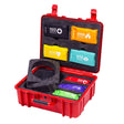 The Aero Healthcare Modulator Flex Trauma Kit w/o AED - XL Case by Aero Healthcare features an open red case with color-coded labeled pouches for medications, burns, airway, eye care, bleeding, and a foam insert—ANSI Class B compliant for emergency response.
