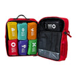 An open Aero Healthcare Modulator Trauma Backpack M600B reveals an ANSI Class B First Aid Kit with color-coded pouches for medication, bleeding, eye care, burns, CPR, wound care, and supplies—all neatly organized inside.