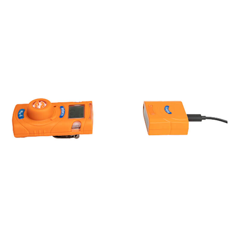 The device is an orange AimSafety unit featuring a small lens on the left and a separate orange rectangular PM-LINK charging module, connected by a cable. It includes blue accents and is equipped with data logging capabilities, complete with a small display screen for easy monitoring.