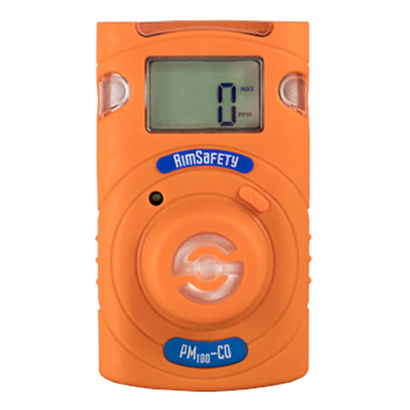 An orange AimSafety CO Single Gas Monitor PM100-CO handheld device with a digital display showing "0" and blue labels.