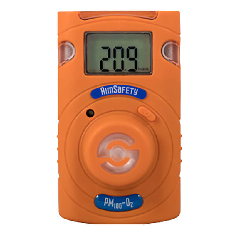 An orange handheld oxygen gas monitor displaying "209" on its screen, the AimSafety PM100-O2 provides accurate, real-time gas concentration readings.