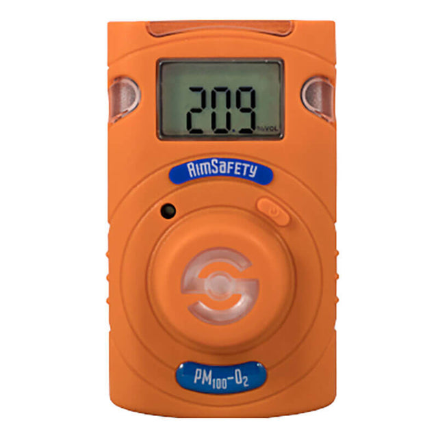 An orange handheld oxygen gas monitor displaying "209" on its screen, the AimSafety PM100-O2 provides accurate, real-time gas concentration readings.