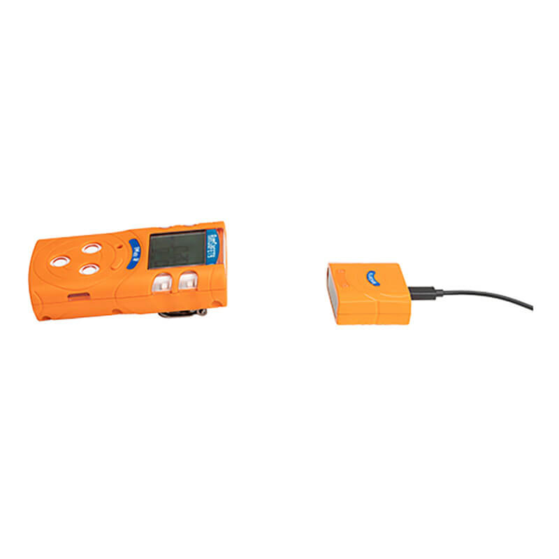 An orange AimSafety device with a screen and buttons is on the left, while on the right is a smaller orange rectangular accessory, possibly the AimSafety PM400 PC Communications Cable PM-LINK for charging or data logging.