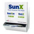 A box of Coretex SunX SPF30 Sunscreen Foil Pack Wallmount (50/Box, 91661) offers broad spectrum UVA/UVB protection. The open box displays water resistant, single-use packets ready for easy dispensing.