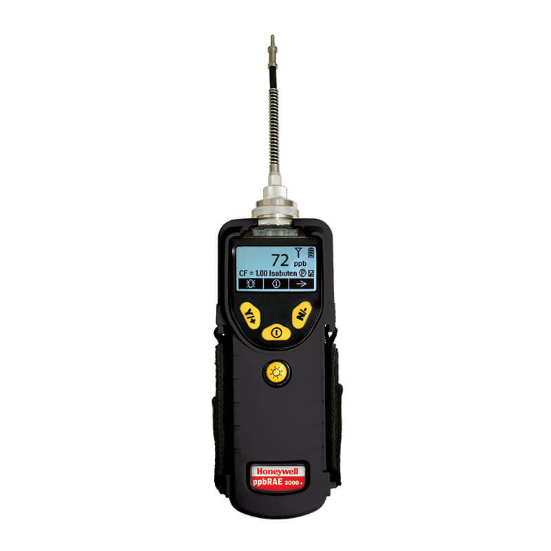 The RAE Systems ppbRAE 3000 Monitor by RAE Systems is a handheld VOC monitor with a digital display (0.1 ppm), yellow navigation buttons, long metal sensor, and ideal for HazMat Response using photoionization detector technology.