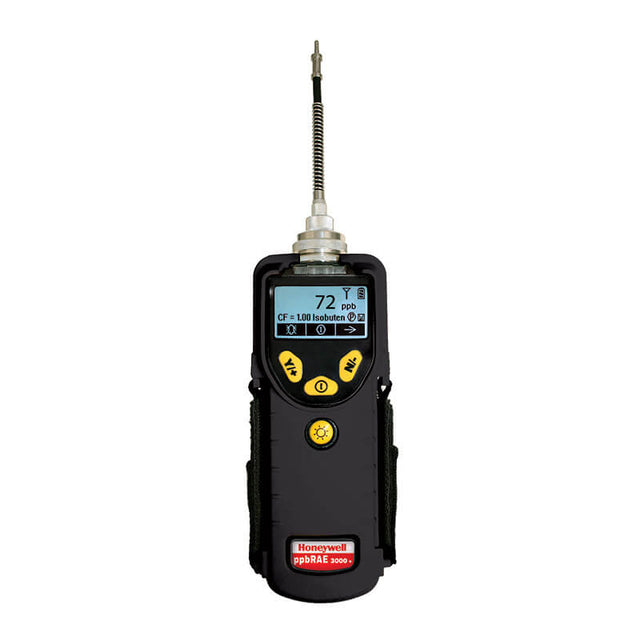 The RAE Systems ppbRAE 3000 Monitor by RAE Systems is a handheld VOC monitor with a digital display (0.1 ppm), yellow navigation buttons, long metal sensor, and ideal for HazMat Response using photoionization detector technology.