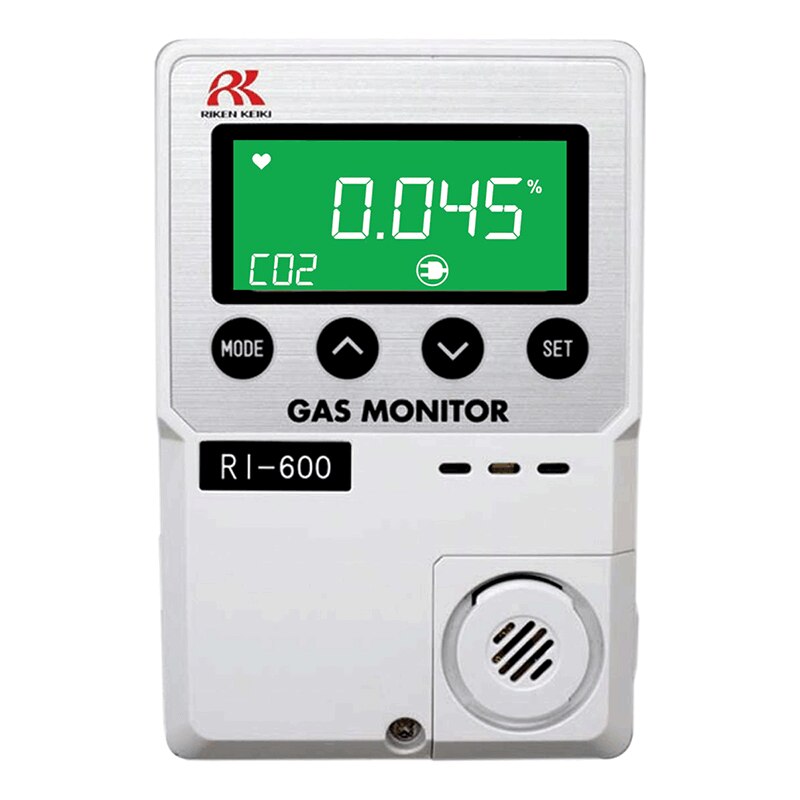 The RKI RI-600 Indoor CO2 Monitor from RKI Instruments features "0.045%" CO2 on a green display, buttons labeled "Mode," "Up," and "Set," and the brand logo top left, ensuring reliable indoor air quality monitoring.
