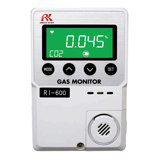The RKI RI-600 Indoor CO2 Monitor from RKI Instruments features "0.045%" CO2 on a green display, buttons labeled "Mode," "Up," and "Set," and the brand logo top left, ensuring reliable indoor air quality monitoring.