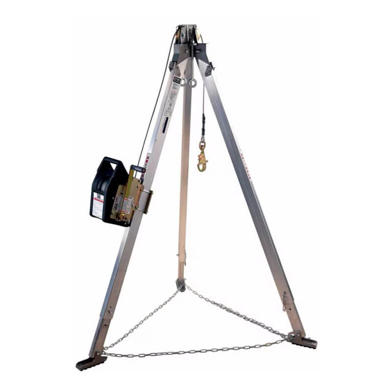 The 3M DBI-SALA Confined Space Aluminum Tripod w/Winch 83010_ _ from 3M DBI-SALA Fall Protection is a silver aluminum tripod equipped with a pulley system and attached winch. It includes an adjustable chain at the base for added stability and features a lifting hook, making it ideal for confined space rescue. Designed specifically for safety and industrial use, it is presented against a plain white background.