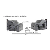 Two close-up views of the RKI Instruments SDM-3R Stand Alone Calibration Station (81-SDM3R101) show labeled features: three gas inputs, an air inlet, and a USB port for data download, with arrows and text highlighting bump test automation.