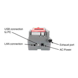 Back view of the RKI Instruments SDM-3R Stand Alone Calibration Station 81-SDM3R101 in gray, with labeled USB to PC, LAN, exhaust port, and AC power input for efficient bump test automation.