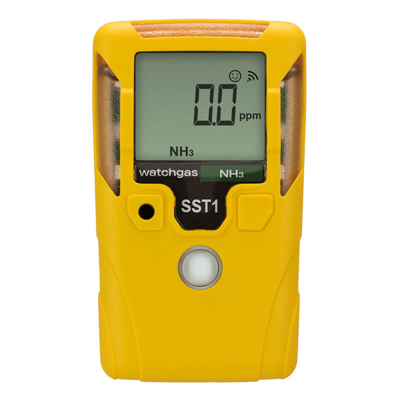The WatchGas SST1 Serviceable NH3 Gas Detector SST1-A is a yellow handheld device featuring a digital display showing “0.0 ppm” and “NH3.” With a single-button interface and clear labeling of “WatchGas” and “SST1,” this detector is ideal for continuous ammonia (NH3) monitoring to help ensure compliance with OSHA exposure limits.
