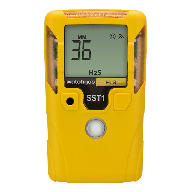 A yellow handheld WatchGas SST1E 3 Year H2S Gas Detector (MINI) SST1E-H-36 features a screen displaying “36 MM” and “H2S.” The device, branded by WatchGas, includes a circular button below the screen and is labeled “watchgas H2S SST1.” Designed to be maintenance-free, this gas detector ensures reliable and accurate hydrogen sulfide detection for workplace safety in industrial environments.