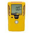 A yellow handheld WatchGas SST1 Serviceable H2S Gas Detector (model SST1-H) displays “0.0 ppm” hydrogen sulfide (H2S) on its digital screen. This compact device from WatchGas features a single front button, making it an ideal solution for confined space gas detection.