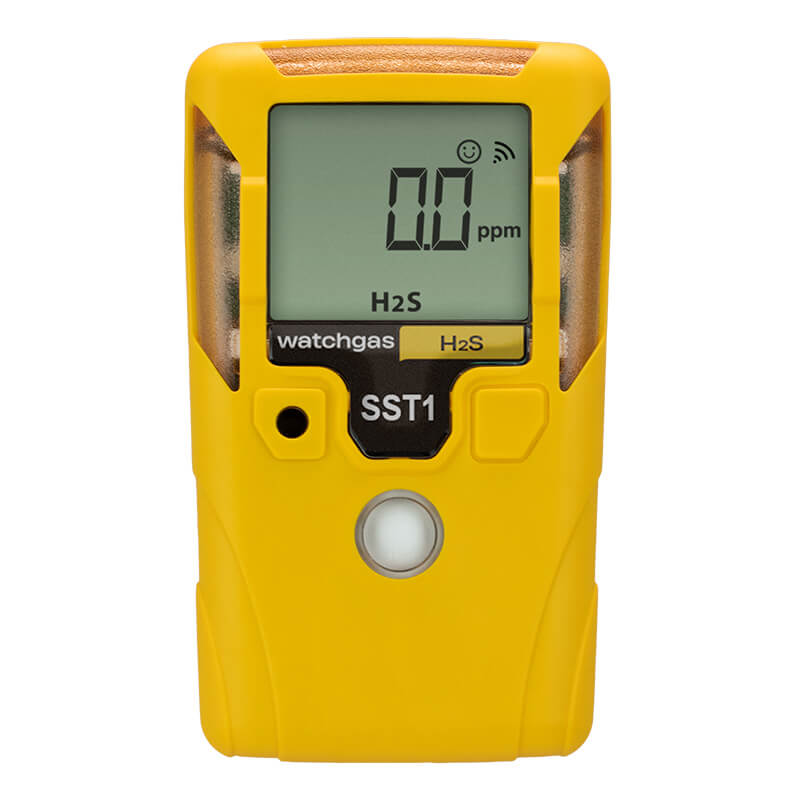 A yellow handheld WatchGas SST1 Serviceable H2S Gas Detector (model SST1-H) displays “0.0 ppm” hydrogen sulfide (H2S) on its digital screen. This compact device from WatchGas features a single front button, making it an ideal solution for confined space gas detection.