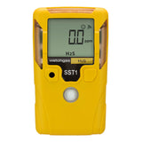 A yellow handheld WatchGas SST1 Serviceable H2S Gas Detector (model SST1-H) displays “0.0 ppm” hydrogen sulfide (H2S) on its digital screen. This compact device from WatchGas features a single front button, making it an ideal solution for confined space gas detection.