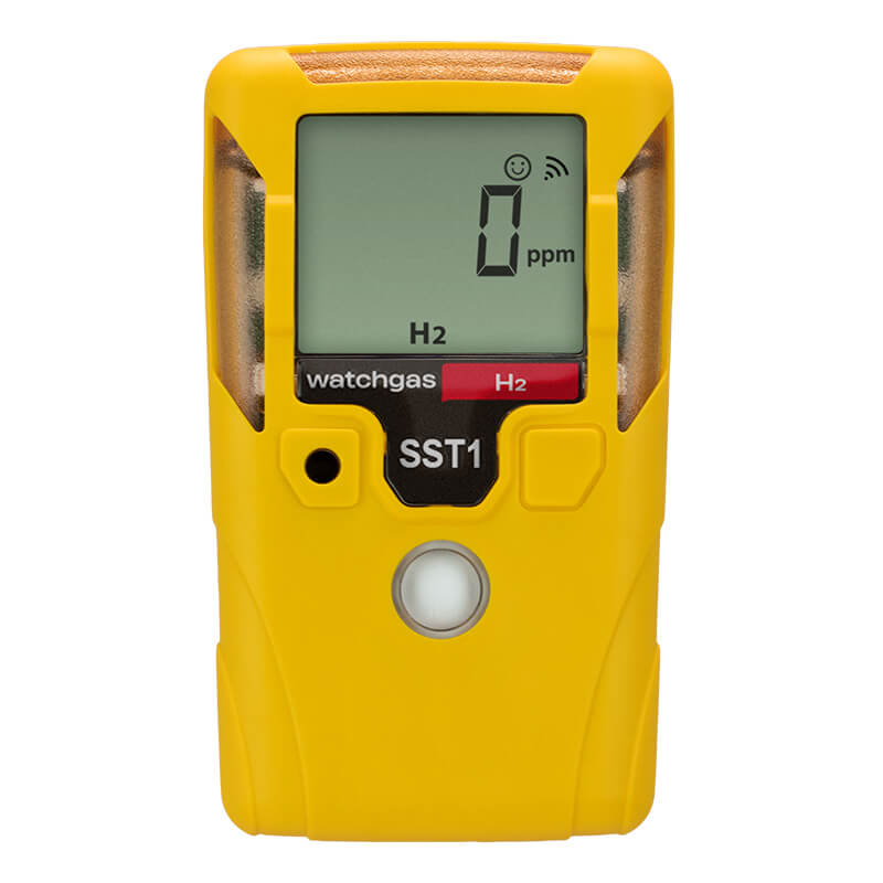 A yellow handheld WatchGas SST1 Serviceable H2 Gas Detector (SST1-H2) by WatchGas, featuring a digital display showing “0 ppm” for hydrogen detection, is designed for reliable hydrogen leak detection and enhanced safety.