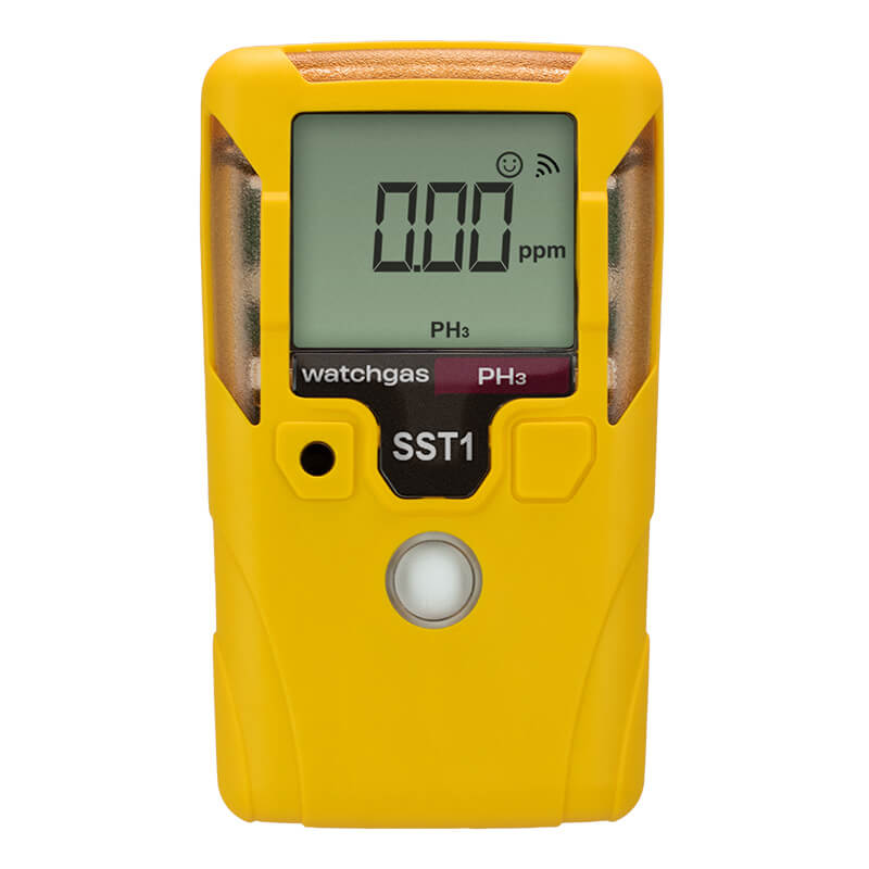 A yellow WatchGas SST1 Serviceable PH3 Gas Detector (model SST1-P) features a digital display reading “0.00 ppm,” labeled with “WatchGas,” “PH₃,” and “SST1.” Equipped with a button and a round sensor beneath the screen, this handheld device is ideal for applications such as grain fumigation or monitoring phosphine (PH₃) levels during semiconductor doping.