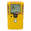 A yellow handheld WatchGas SST1-S-24 SO2 gas detector features a display showing “24 MM” and “SO2.” Branded as WatchGas, the device includes a round button and indicator lights below the screen, making it an ideal sulfur dioxide (SO₂) monitor for ensuring compliance with OSHA exposure limits.