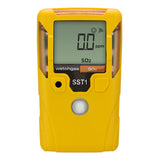 A yellow handheld WatchGas SST1 Serviceable SO₂ Gas Detector (model SST1-S) displays “0.0 ppm” for sulfur dioxide on its digital screen, features a button below the display, and is ideal for monitoring workplace air quality and ensuring compliance with OSHA exposure limits.